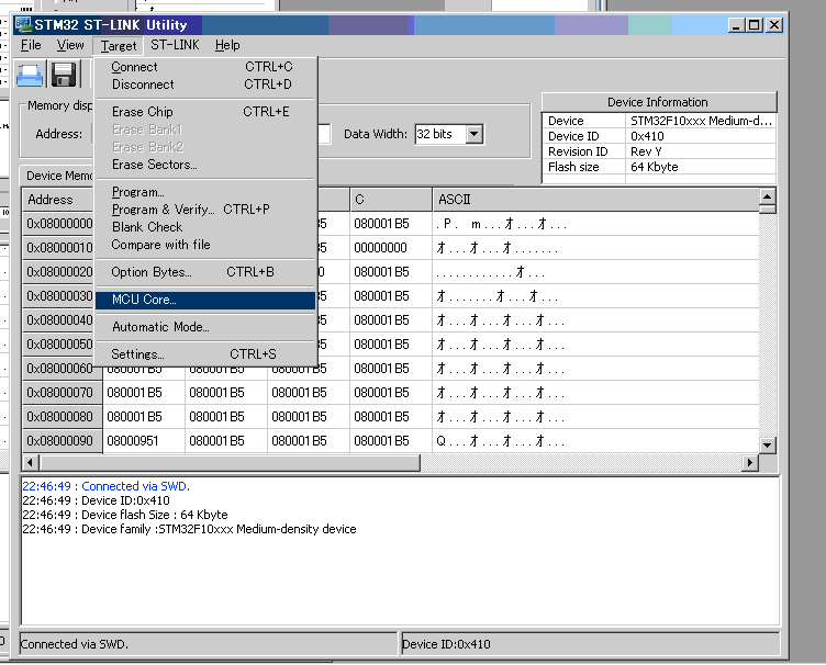open ST-Link MCU CTRL panel